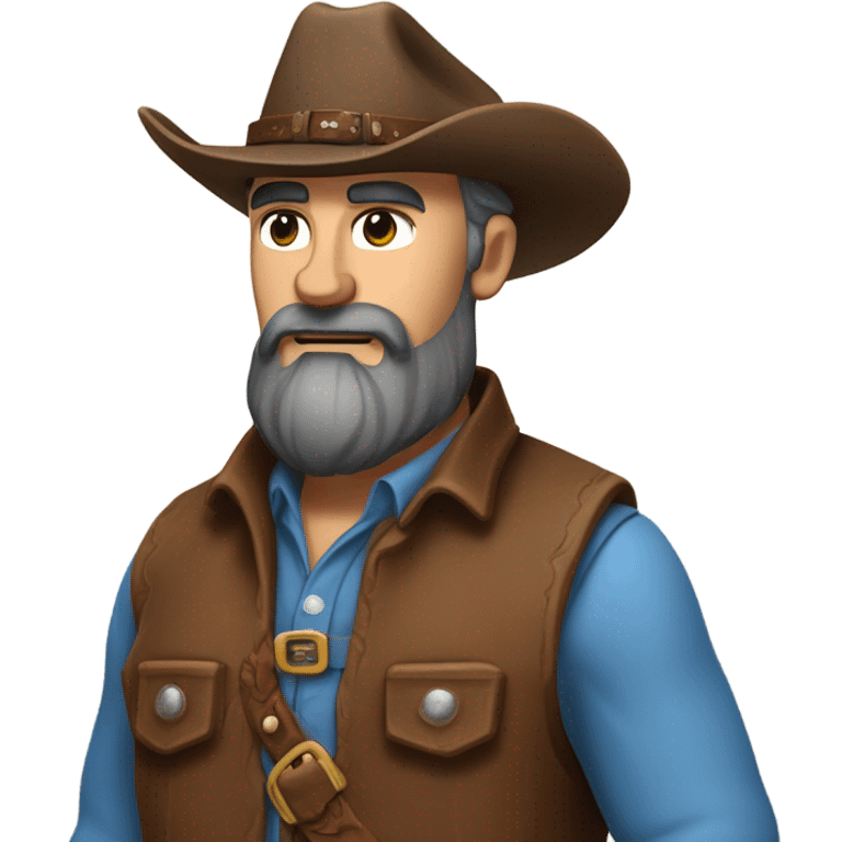 a rugged cowboy with a thick beard, wearing a blue vest over a classic western shirt and a brown belt with a silver buckle. He should have a confident stance, exuding a strong and adventurous frontier spirit. emoji