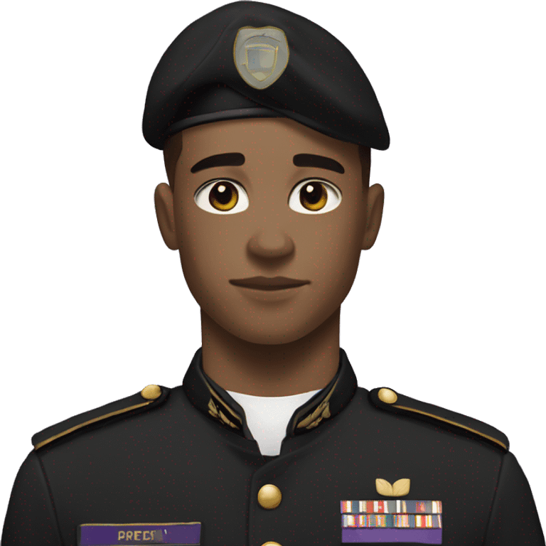 Young White Man , 19 years old, in black military uniform, with purple insignia. On the left of the uniform it says KDS emoji