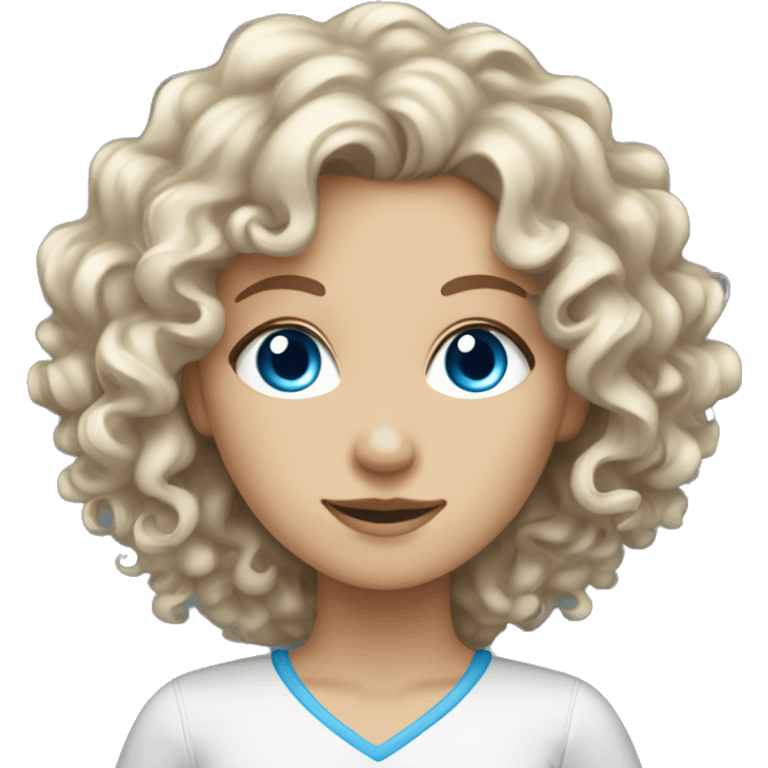 A white girl with curly hair and blue eyes is working on a laptop emoji