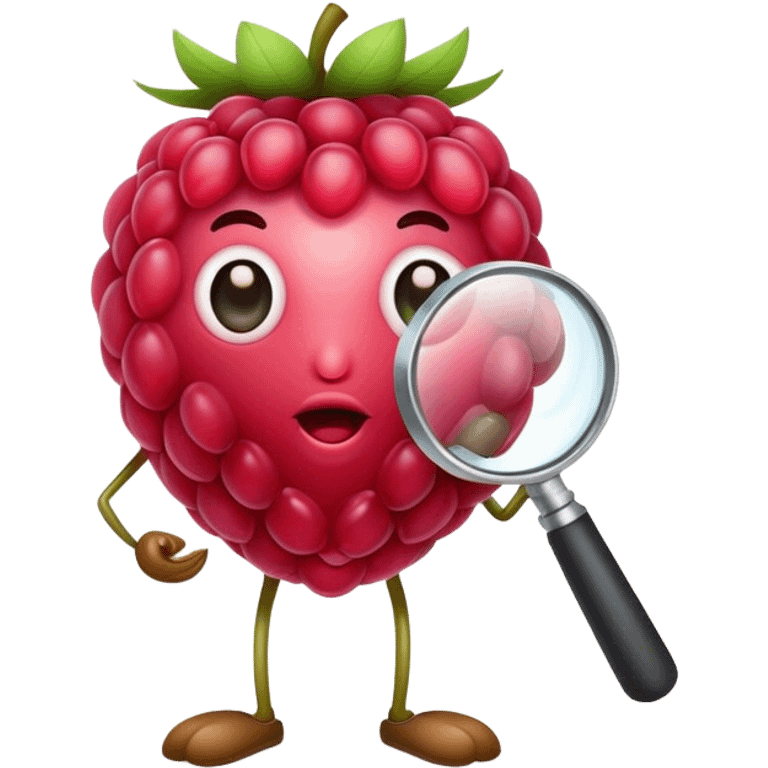 A raspberry holding a magnifiyng glass emoji