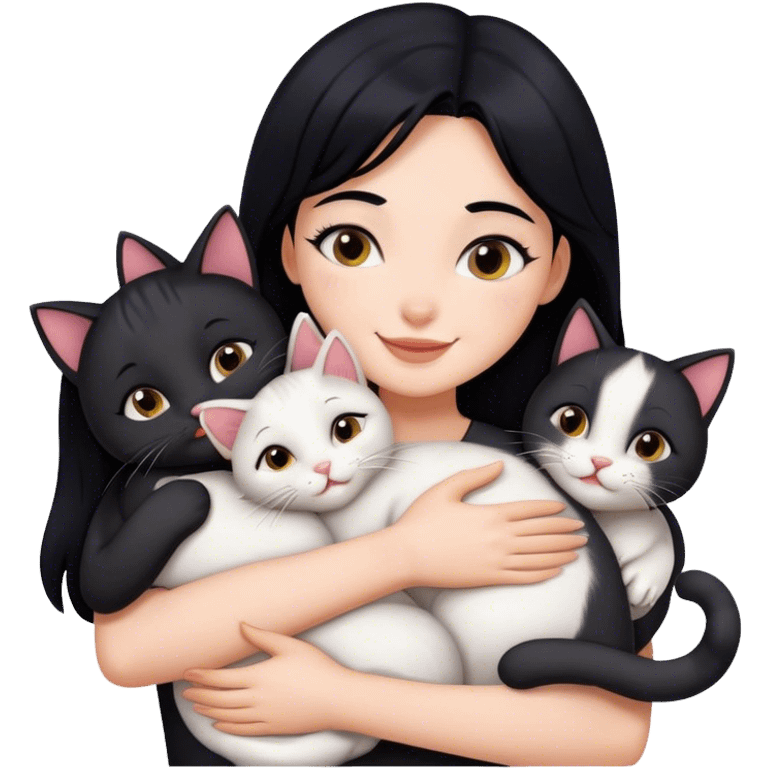 happy girl with black hair hugging three cats   emoji