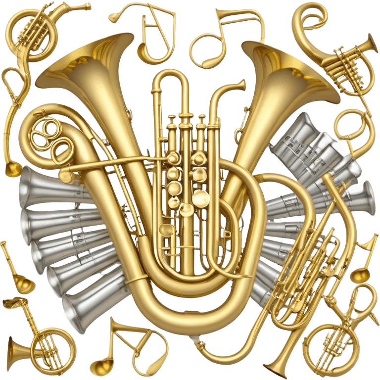 Create a festive and elegant emoji collage featuring a bouquet or fan of bells of wind instrument  (trumpets, saxophones, trombones, tubes, etc.) arranged in a radiant, symmetrical pattern. The instruments should have polished, golden and silver finishes, with their large, shiny bells forming a beautiful, fan-like display. Include a flowing ribbon of musical notes swirling through the center, conveying movement and melody. The background should feature a deep red velvet texture, adding a touch of luxury and sophistication. The overall composition should be balanced, with an elegant and regal feel, with a transparent background to keep focus on the instruments and musical elements. emoji