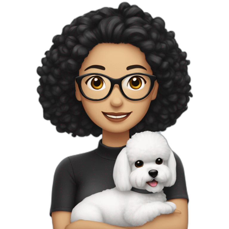 woman-black-hair-bun-with glasses-with bichon dog-white-smile-Christmas emoji