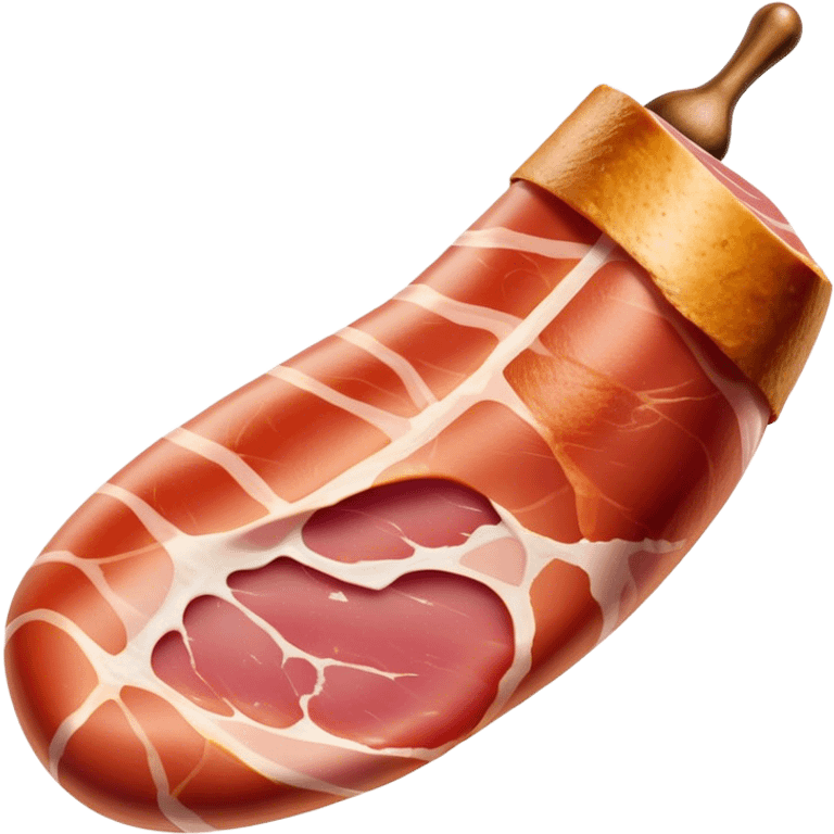 Jamón Serrano Cinematic Realistic Jamón Serrano Dish Emoji, depicted as a prominent leg of cured ham with visible marbling, rendered with rich textures and dynamic, appetizing lighting. emoji