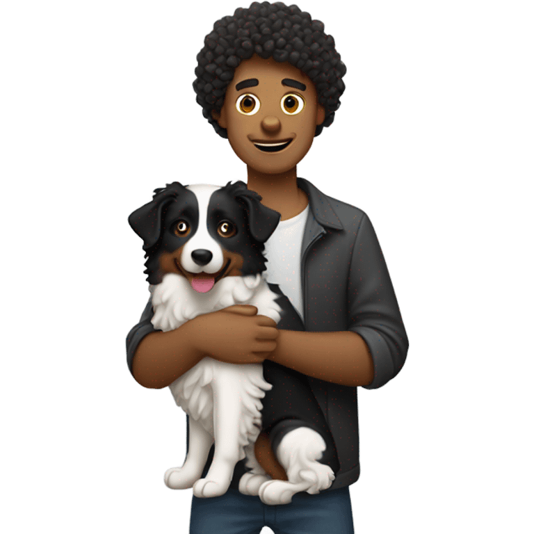 A curly-haired whiteman holding a Border Collie. emoji