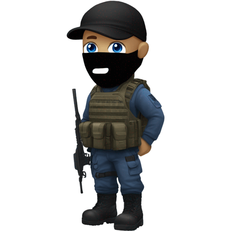 male, pale skin, call of duty black face mask, camo tactical gear, combat boots, black beanie, blue eyes emoji