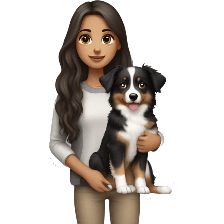 Brunette long hair light tan girl with black and white Australian shepherd puppy emoji