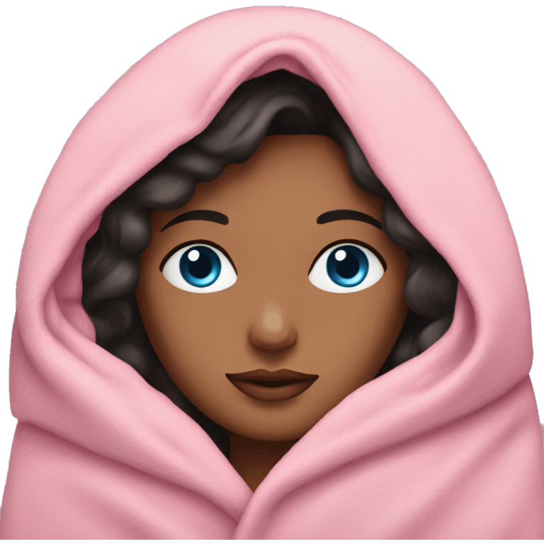 Woman with dark hair and blue eyes snuggled in a pink blanket emoji