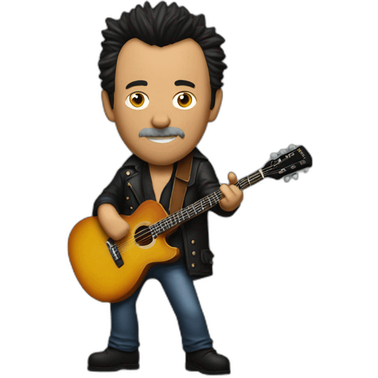 Bruce Springsteen saltando sobre un fondo negro y una guitarra con forma de cerdo emoji