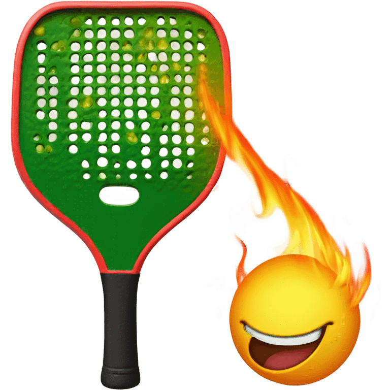 Flames and a pickle ball coming off a Pickleball paddle with no holes in it.  emoji