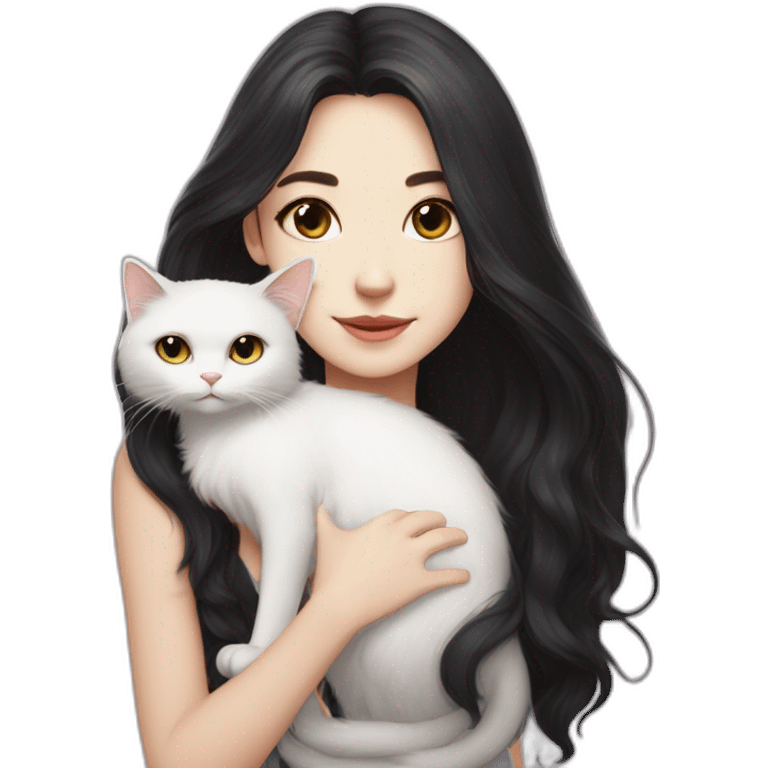 A girl with long dark hair and on her left shoulder and neck lies a white fluffy cat with different eyes emoji