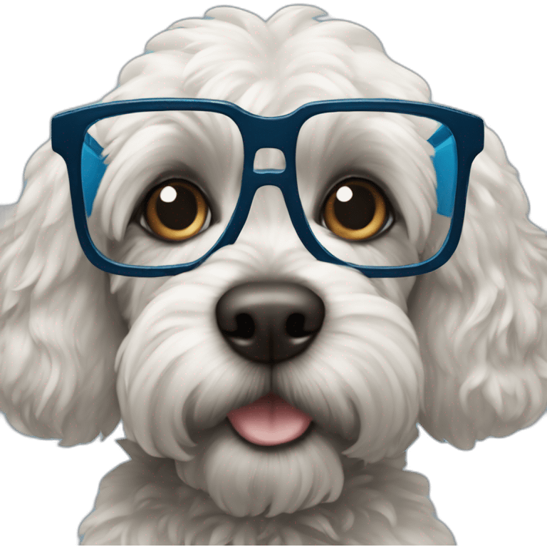 black cockapoo wearing blue rectangle glasses emoji