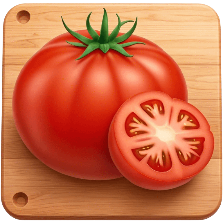 Cinematic juicy ripe tomatoe, deep red, slightly dewy, arranged on a wooden cutting board, soft glowing background, rich and flavorful. emoji