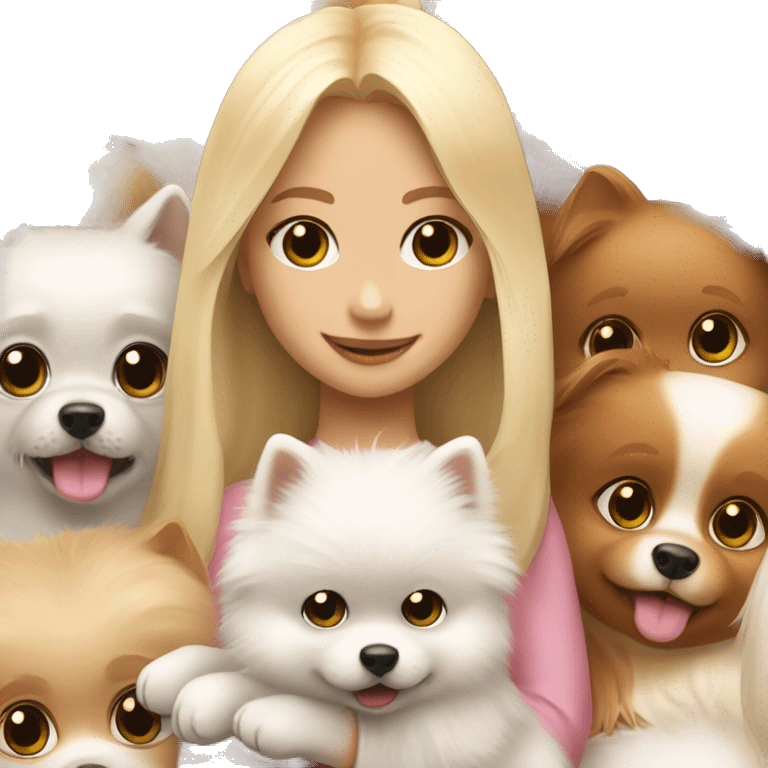 Blond girl hugging white Pomeranian and brown Pomeranian  emoji