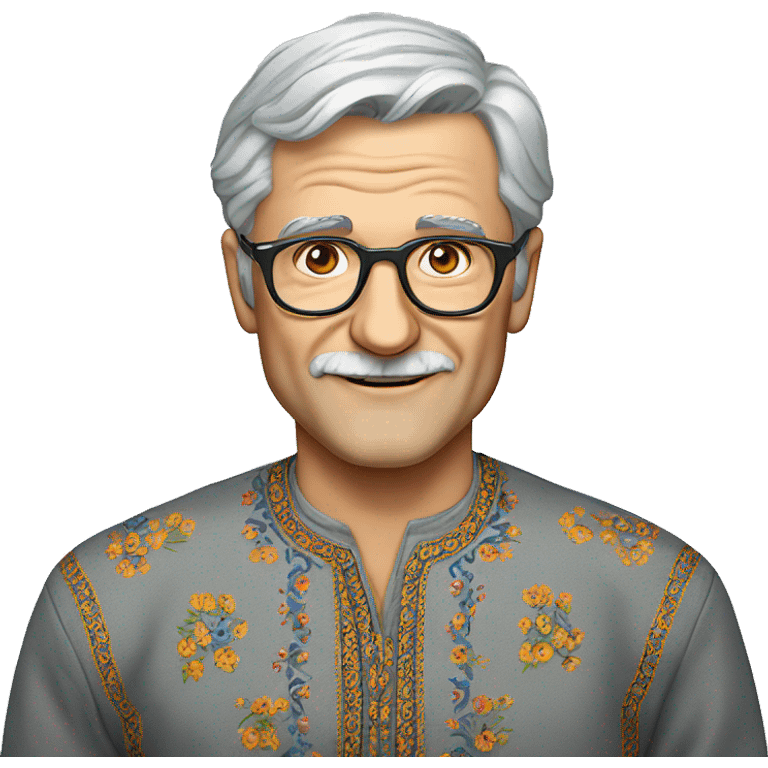 European gray-haired man in a Ukrainian embroidered shirt, glasses, no mustache emoji