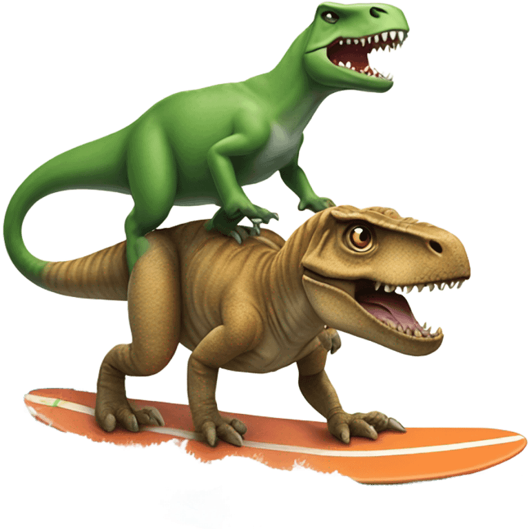 A cat riding a T. rex on a surfboard emoji