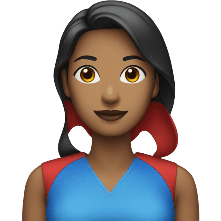 Woman standing wearing red blue and black emoji