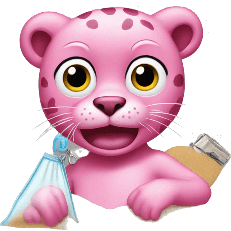 Pink panther holding a clear zip lock bag with sand in it  emoji