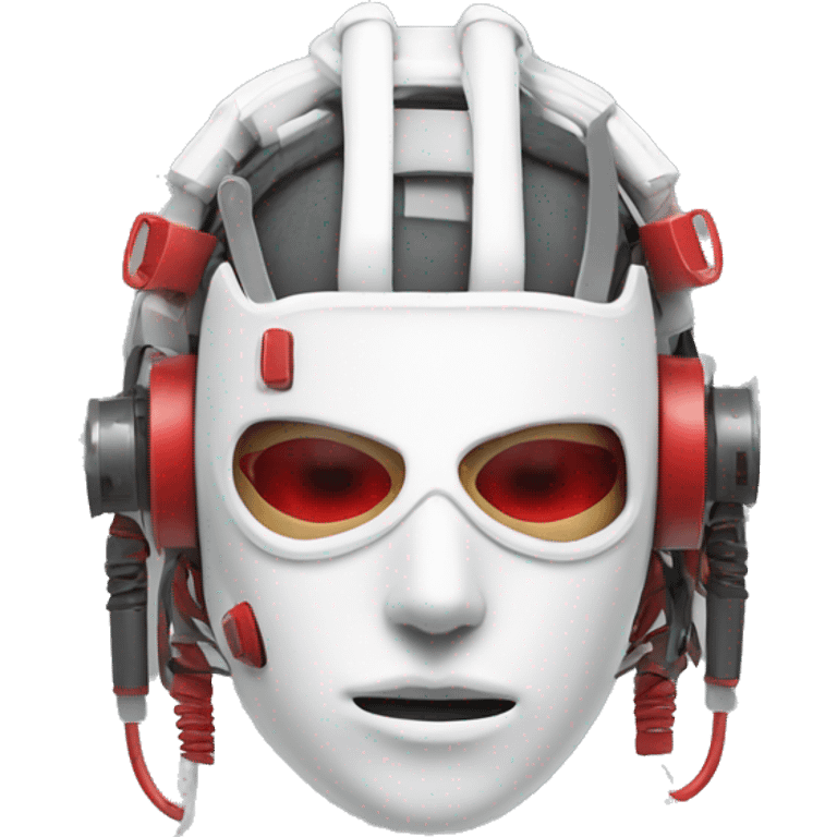 White Mohawk female cyborg head with red respirator mask and circuits emoji