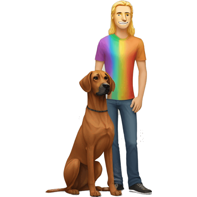 white male with long rainbow colored hair standing alongside a brown rhodesian ridgeback emoji