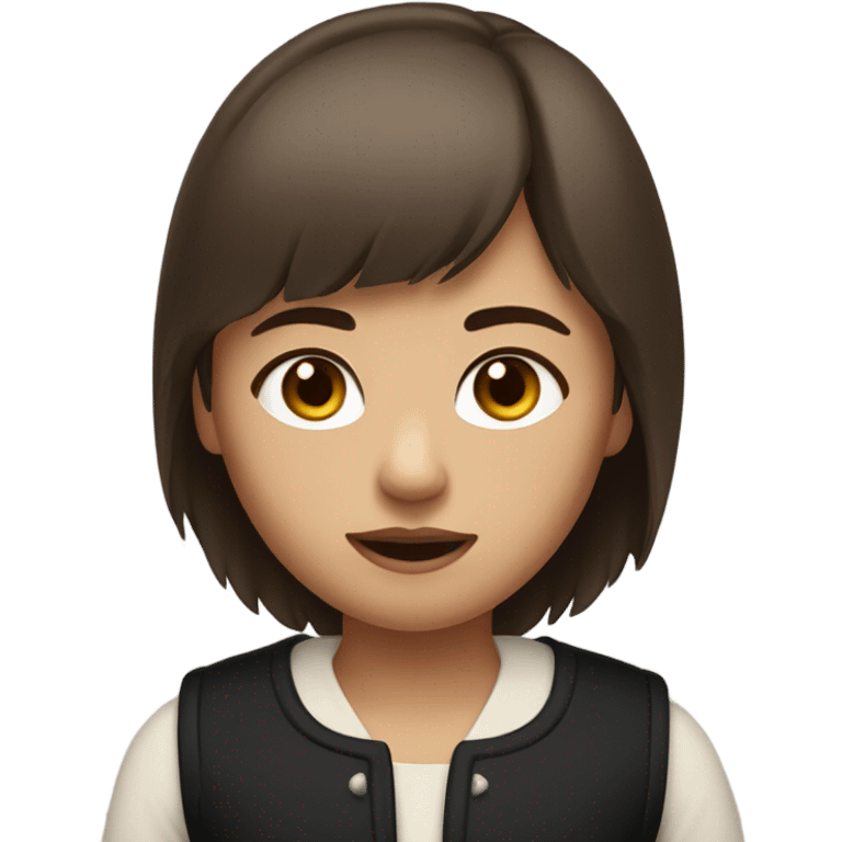 a girl with short brown hair in a wolfcut and little bangs. has brown eyes and is wearing a black vest. and had a neutral expression emoji