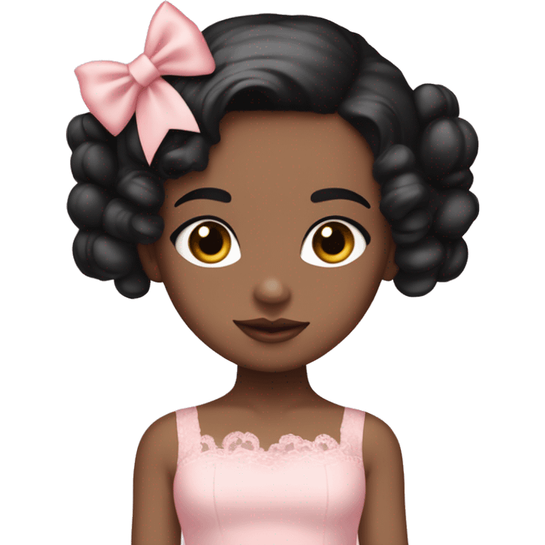 Pale girl with jet black hair , baby pink blush on the cheeks wearing a pink dantelle dress and has a bow ontop of her head  emoji