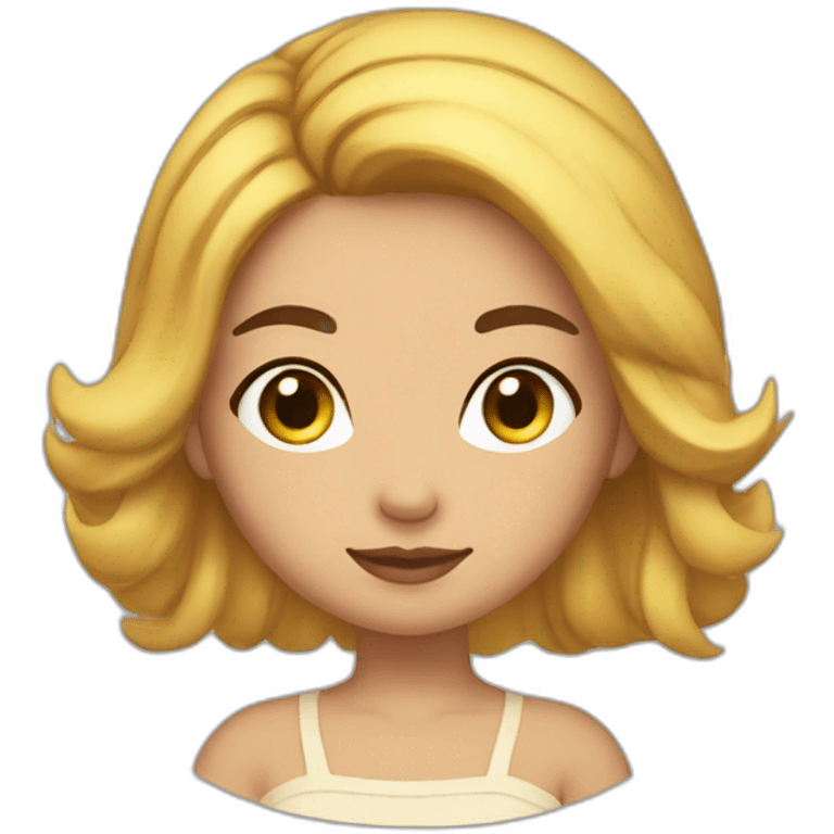 She is a girl with black and yellow streaks in her hair, with a round face, almond-shaped eyes, a lovely mouth, beautiful eyebrows, and slightly chubby cheeks. emoji