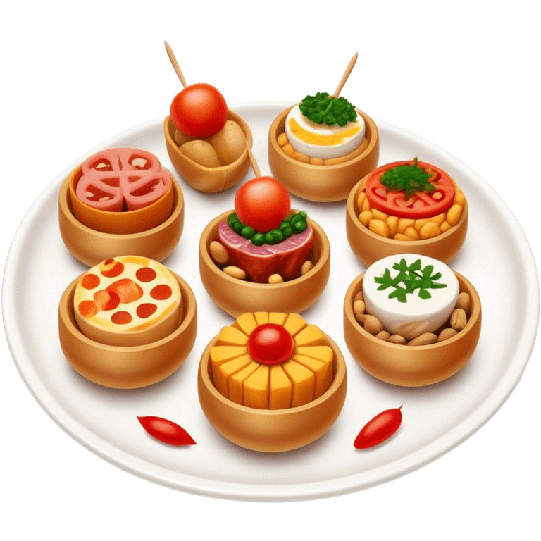 Tapas (4 Pintxos) Cinematic Realistic Tapas Dish Emoji, depicted as an assortment of 4 pintxos elegantly arranged on a plate, rendered with lifelike textures and vibrant, inviting lighting. emoji