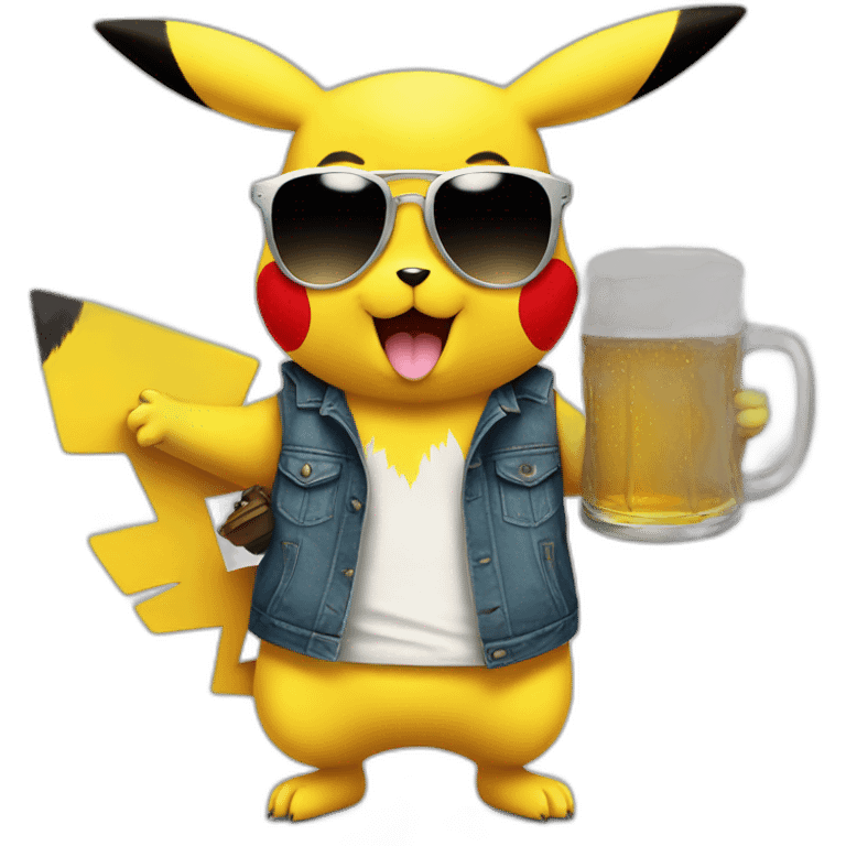 pikachu with sunglasses, a watch, and a beer next to him emoji