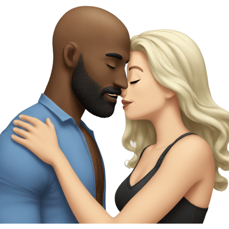 White brunette kissing muscular black bald man with beard emoji