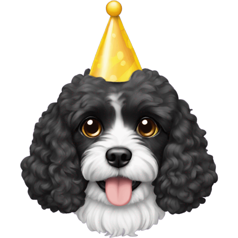 All black Cavapoo with a party cap emoji