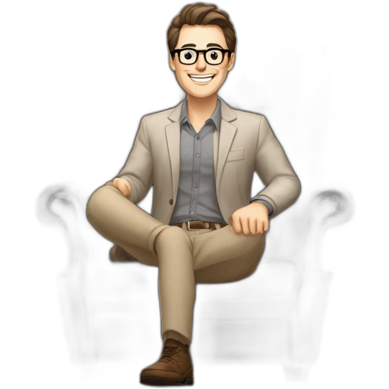 Joyful Celebrating victory Hands up Pale skinned Fit Man With dark brown hair in gray jacket, beige office shirt, Brown pants and vintage glasses sitting In a soft chair emoji