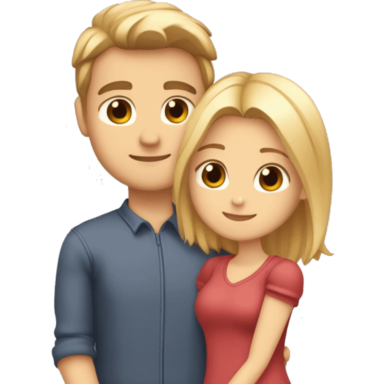 boyfriend with light brown hair and brown eyes and girlfriend with blonde hair and hazel eyes hugging eachother with heart around them  emoji