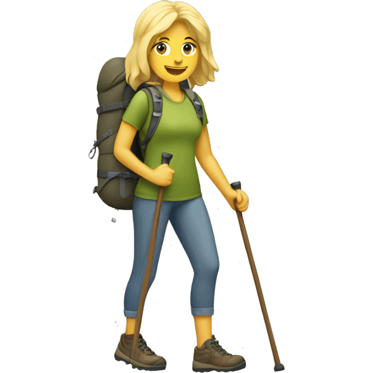 Blond haired woman hiking full body with hiking sticks emoji