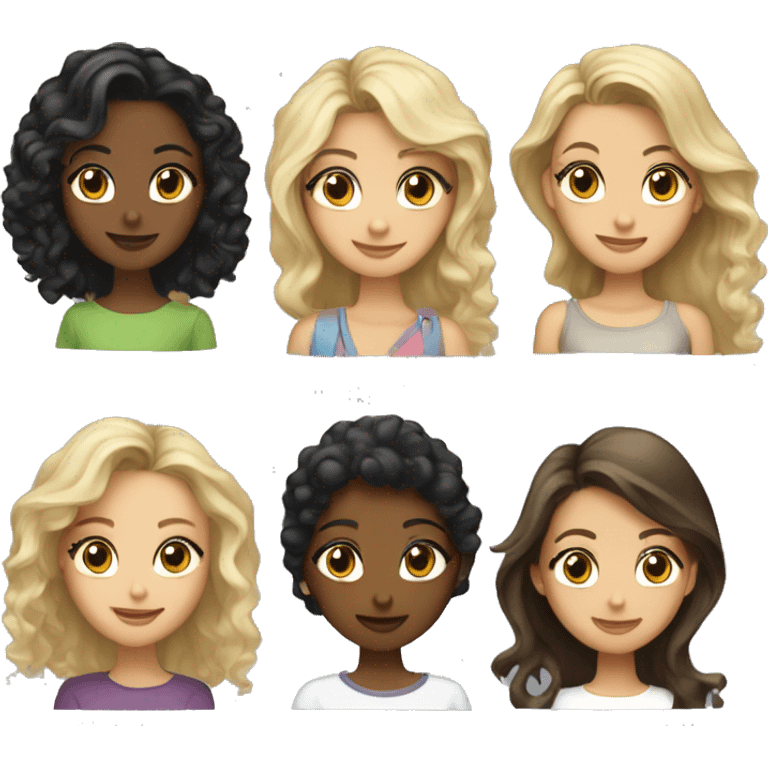 create a group of four girls, onde with short hair blond, another with big  brown curls, another with black long hair and last one with long brown hair emoji