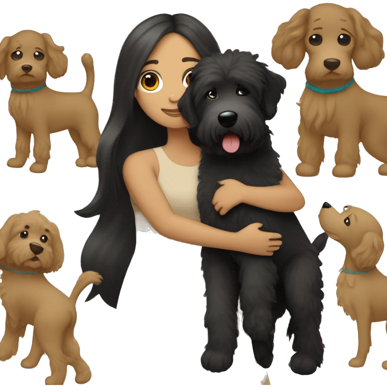 tan girl with long black hair hugging tan labradoodle emoji