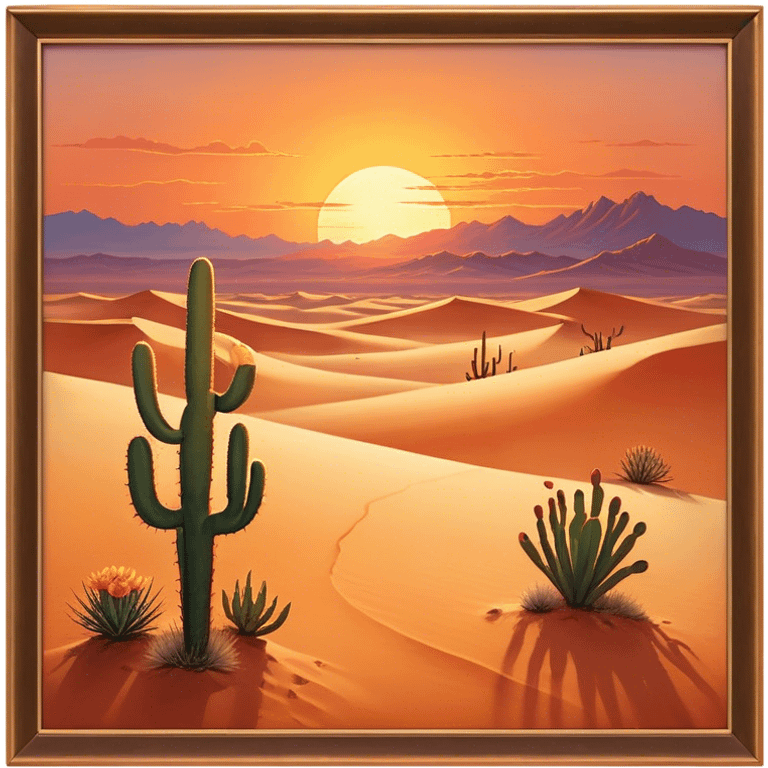 Cinematic Realistic Desert Emoji, Expansive and arid, with vast stretches of golden sand dunes and scattered cacti, the sun casting a warm, almost orange glow over the dry, cracked earth. The horizon blurs into a heat shimmer, while the occasional desert flower adds a splash of color to the barren landscape. Soft glowing outline, capturing the essence of the harsh yet stunning beauty of the desert, calm and quiet, filled with silence and mystery. emoji