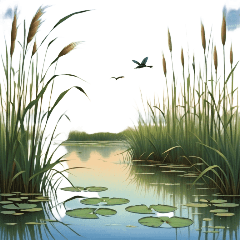 Cinematic Realistic Wetlands Emoji in a wooden frame, Peaceful and serene, with tall grasses swaying in the breeze and soft, muddy waters reflecting the sky above. Small birds and insects flit among the reeds while lily pads float lazily across the surface, punctuated by the occasional croak of a frog or splash of a fish. Soft glowing outline, capturing the essence of a calm, tranquil wetland brimming with life and natural beauty. emoji