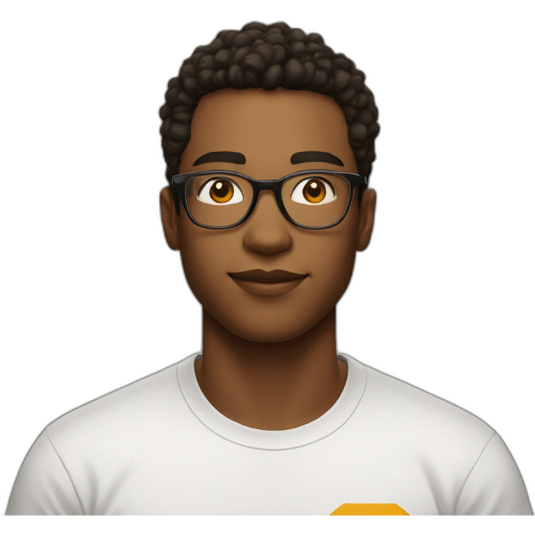 A young man with glasses wears a logo t-shirt, indoors with a neutral expression. emoji