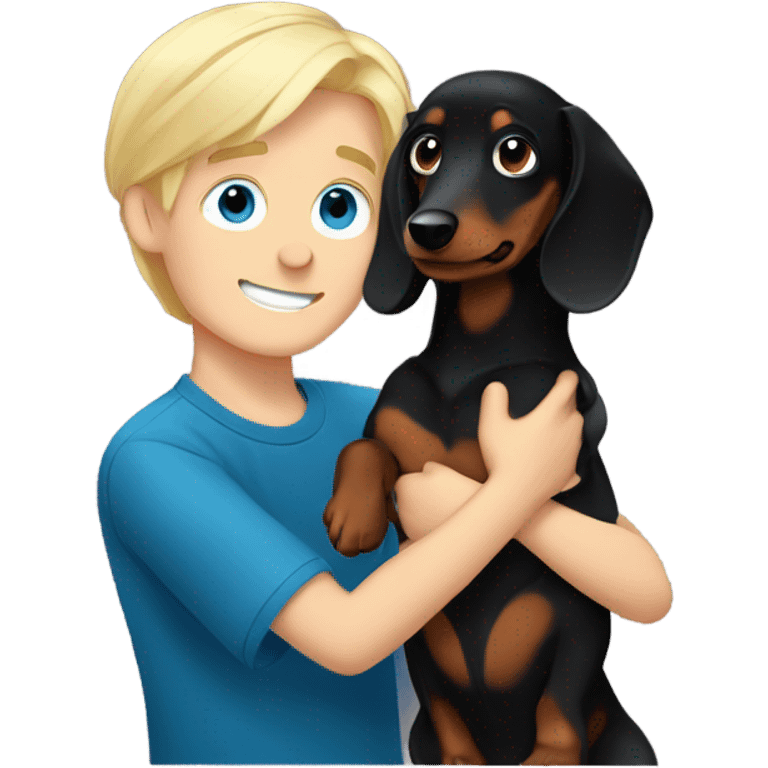 Blonde hair blue eyed boy cuddling black long haired dachshund  emoji