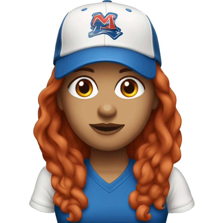 front facing standing up female coach with long red hair, wearing a white t-shirt and a simple baseball blue hat emoji