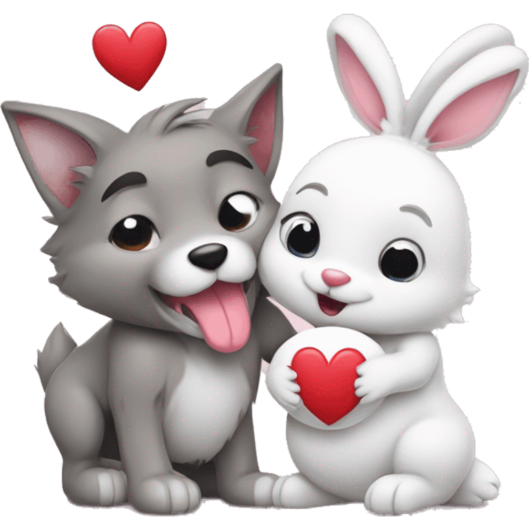 Old Wolf kiss a white Bunny who has pink ears, with big red heart between them. Heads only, with no body  emoji