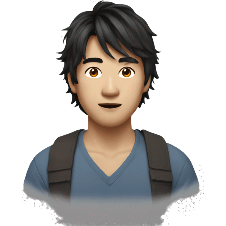 asian man, Medium-length layered, hairstyle with side-swept bangs, Messy, textured hair with natural volume emoji