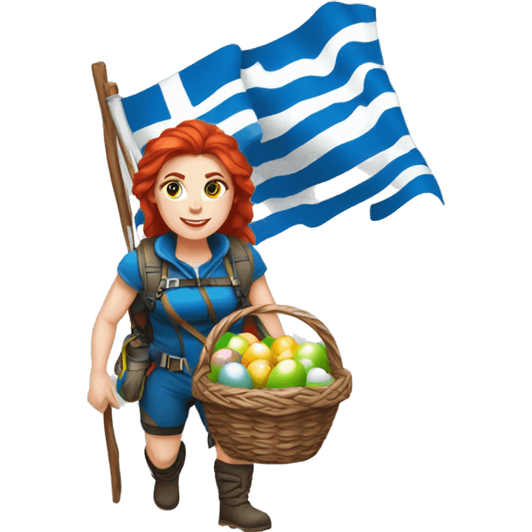 Greek Female winter mountaineer red hair white skin climbing with Greek Flag and Easter eggs basket emoji