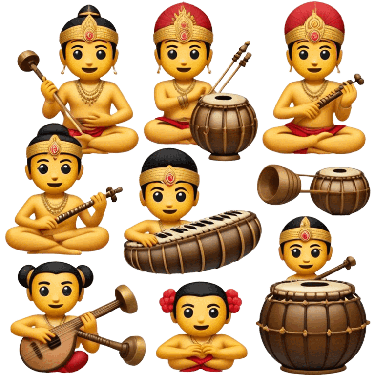 Cinematic Realistic Gamelan Pop Culture Emoji, depicted with an ensemble of traditional Indonesian instruments rendered with rich textures and rhythmic, cultural lighting. emoji