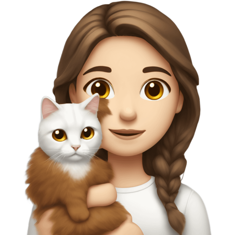 A girl with middle long brown hair and a white fluffy cat is lying on her left shoulder and neck emoji