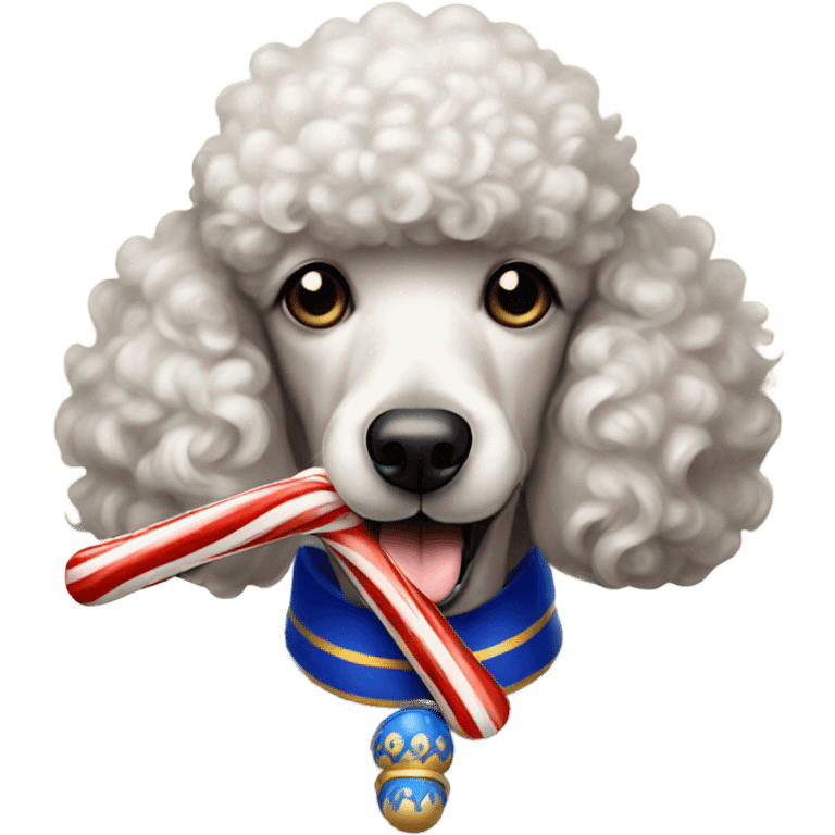 poodle holding royal blue and gold candy cane in its mouth emoji