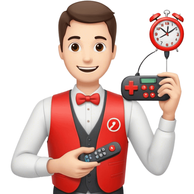 Man that is smiling while holding a remote controller. The man is wearing a vest. On the vest there is a clock and there are red cylindrical objects  emoji