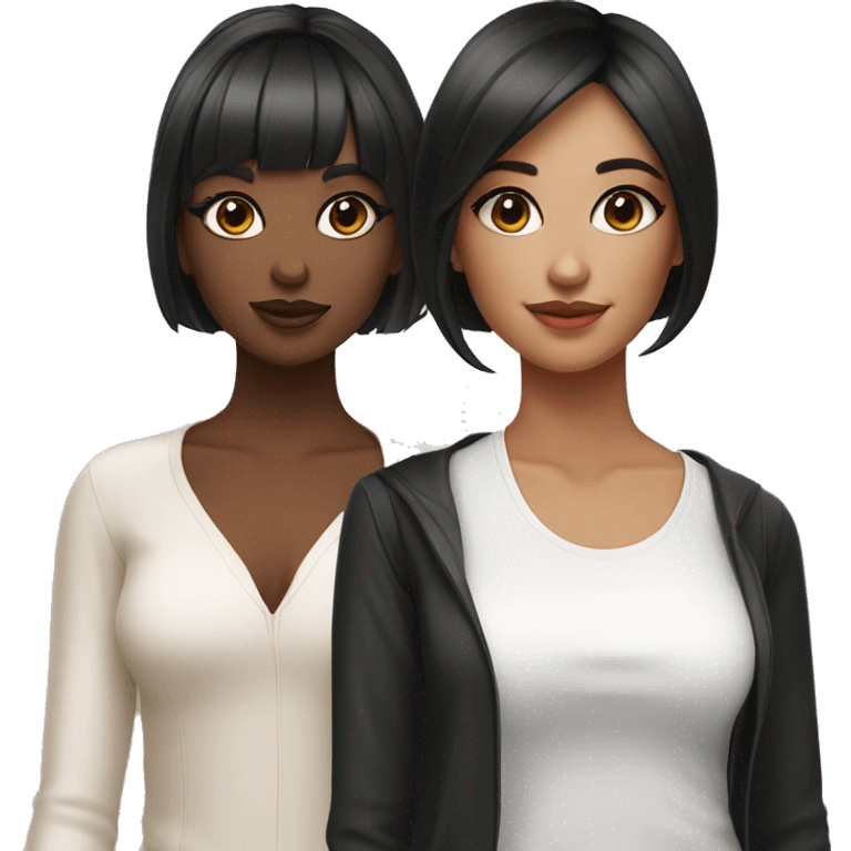 Two girlfriends. One with brown hair in square, the other with black hair, bangs and a square. In fashionable clothes and beautiful modern makeup emoji