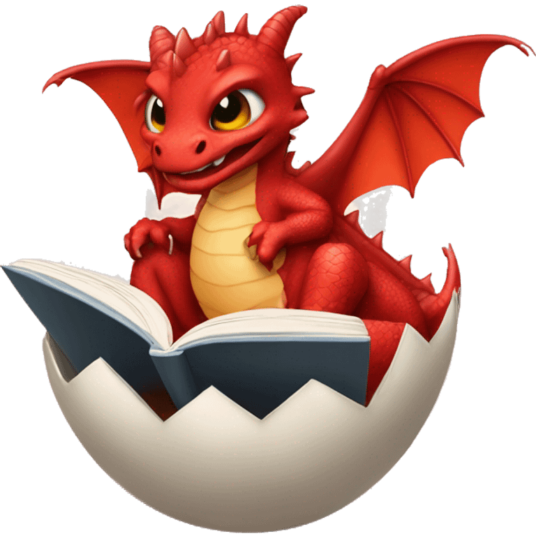 red baby dragon reading a book while sitting in freshly hatched egg emoji